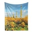 thumbnail image 1 of Saguaro Soft Flannel Fleece Blanket, Sun Bath in Sonoran Desert Blooming Cactus Spring Time Vegetation Scenery, Cozy Plush for Indoor and Outdoor Use, 50" x 70", Marigold Blue Green, by Ambesonne, 1 of 5
