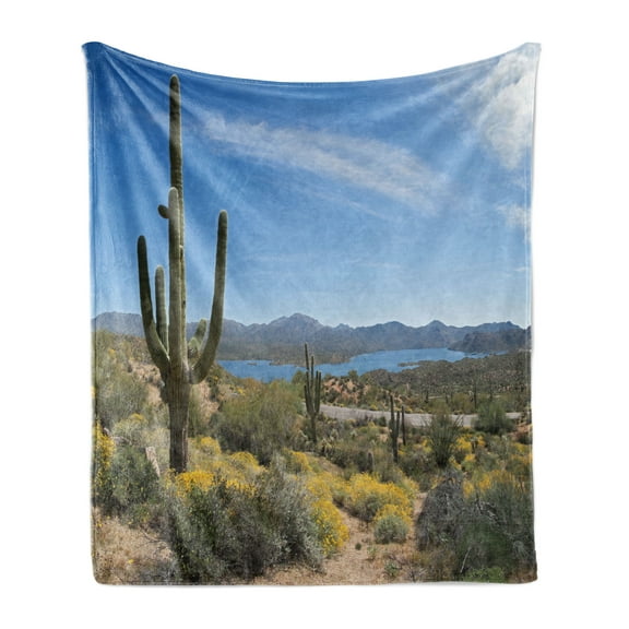 Saguaro Soft Flannel Fleece Throw Blanket, Big Cactus on the Valley over Bartlett Lake in Desert Shallow Root Nature Image, Cozy Plush for Indoor and Outdoor Use, 50" x 60", Blue Green, by Ambesonne