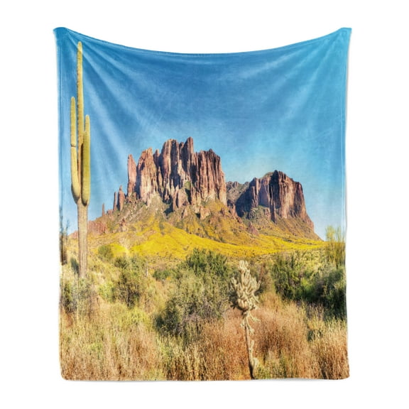 Saguaro Soft Flannel Fleece Throw Blanket, Blooming Brittlebush Superstition Wilderness by the Mountain Phoenix View, Cozy Plush for Indoor and Outdoor Use, 50" x 70", Orange and Brown, by Ambesonne