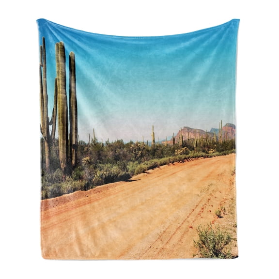 Saguaro Soft Flannel Fleece Throw Blanket, Earth Path with Giant Cactus Plants to the South American Desert Cactus Picture, Cozy Plush for Indoor and Outdoor Use, 50" x 70", Multicolor, by Ambesonne