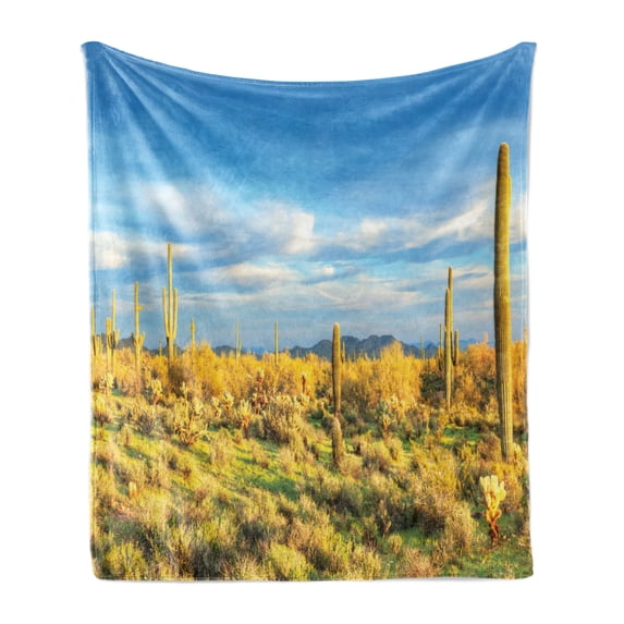 Saguaro Soft Flannel Fleece Throw Blanket, Floral Cactus Catching the Last Sunrays Day Long Life Western Plant Print, Cozy Plush for Indoor and Outdoor Use, 60" x 80", Yellow Blue Green, by Ambesonne