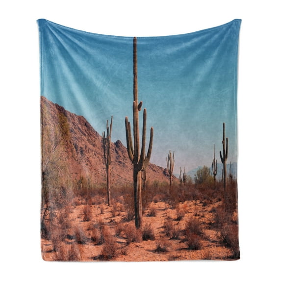 Saguaro Soft Flannel Fleece Throw Blanket, Grown Prominent Cacti with the Spines Hardy Plants Clear Sky Landscape Picture, Cozy Plush for Indoor and Outdoor Use, 60" x 80", Brown Blue, by Ambesonne
