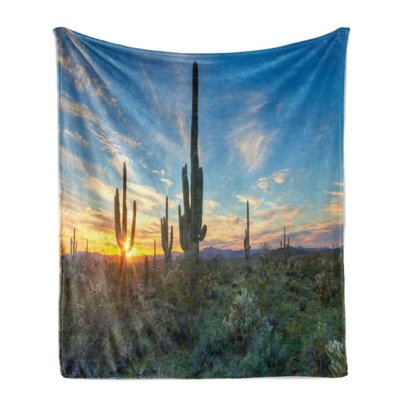 Saguaro Soft Flannel Fleece Throw Blanket, Sun is Setting Between Cactus Plants with Spines Noon Landscape Wild Design, Cozy Plush for Indoor and Outdoor Use, 60" x 80", Green Blue, by Ambesonne