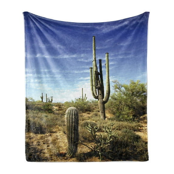 Saguaro Soft Flannel Fleece Throw Blanket, Tall Saguaro Cactus with Spined Leaves Desert Plants in Sunny Day Picture Print, Cozy Plush for Indoor and Outdoor Use, 70" x 90", Blue Green, by Ambesonne