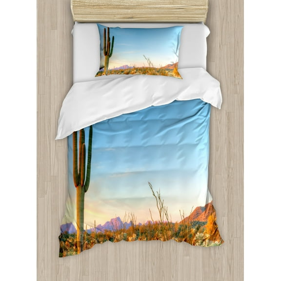 Saguaro Twin Size Duvet Cover Set, Sun Goes Down in Desert Prickly Pear Cactus Southwest Texas National Park, Decorative 2 Piece Bedding Set with 1 Pillow Sham, Orange Blue Green, by Ambesonne