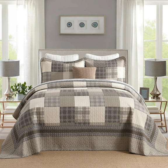 SahSahCasa 120"x120" King Bedspread 100% Cotton Oversized Quilted Bedspread Set with Pillow Shams, Lightweight Farmhouse Plaid Bedding Set, Brown/Beige/Khaki