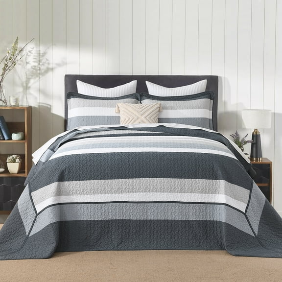 SahSahCasa 120"x120" King Bedspread 100% Cotton Oversized Quilted Bedspread Set with Pillow Shams, Modern Striped Lightweight Quilt Bedding Set, Navy Blue/Gray/White
