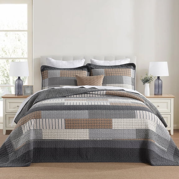 SahSahCasa 128"x120" Oversized King Bedspread 100% Cotton Extra Large Quilted Bedspread Set with Pillow Shams, Farmhouse Plaid Patchwork Lightweight Bedding Set, Gray/Brown/Beige