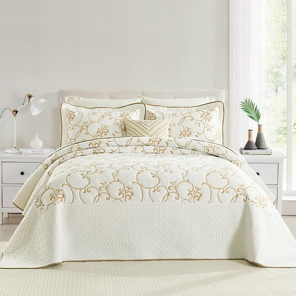 SahSahCasa 128"x120" Oversized King Bedspread 100% Cotton Extra Large Quilted Bedspread Set with Pillow Shams, Lightweight Embroidered Bedding Set, Beige/White