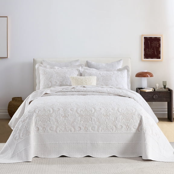 SahSahCasa 128"x120" Oversized King Bedspread 100% Cotton Extra Large Quilted Bedspread Set with Pillow Shams, Lightweight Embroidered Bedding Set, White