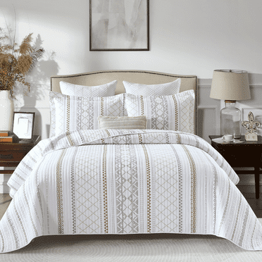 SahSahCasa Boho Quilts Queen Size, 100% Cotton Queen Comforter Set for Bed, Bohemian Geometric Striped Quilted Bedspread, White Quilt Bedding Set All Season, 3 Pieces