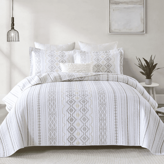 SahSahCasa Boho Quilts Queen Size, 100% Cotton Queen Comforter Set for Bed, Bohemian Geometric Striped Quilted Bedspread, White Quilt Bedding Set All Season, 3 Pieces