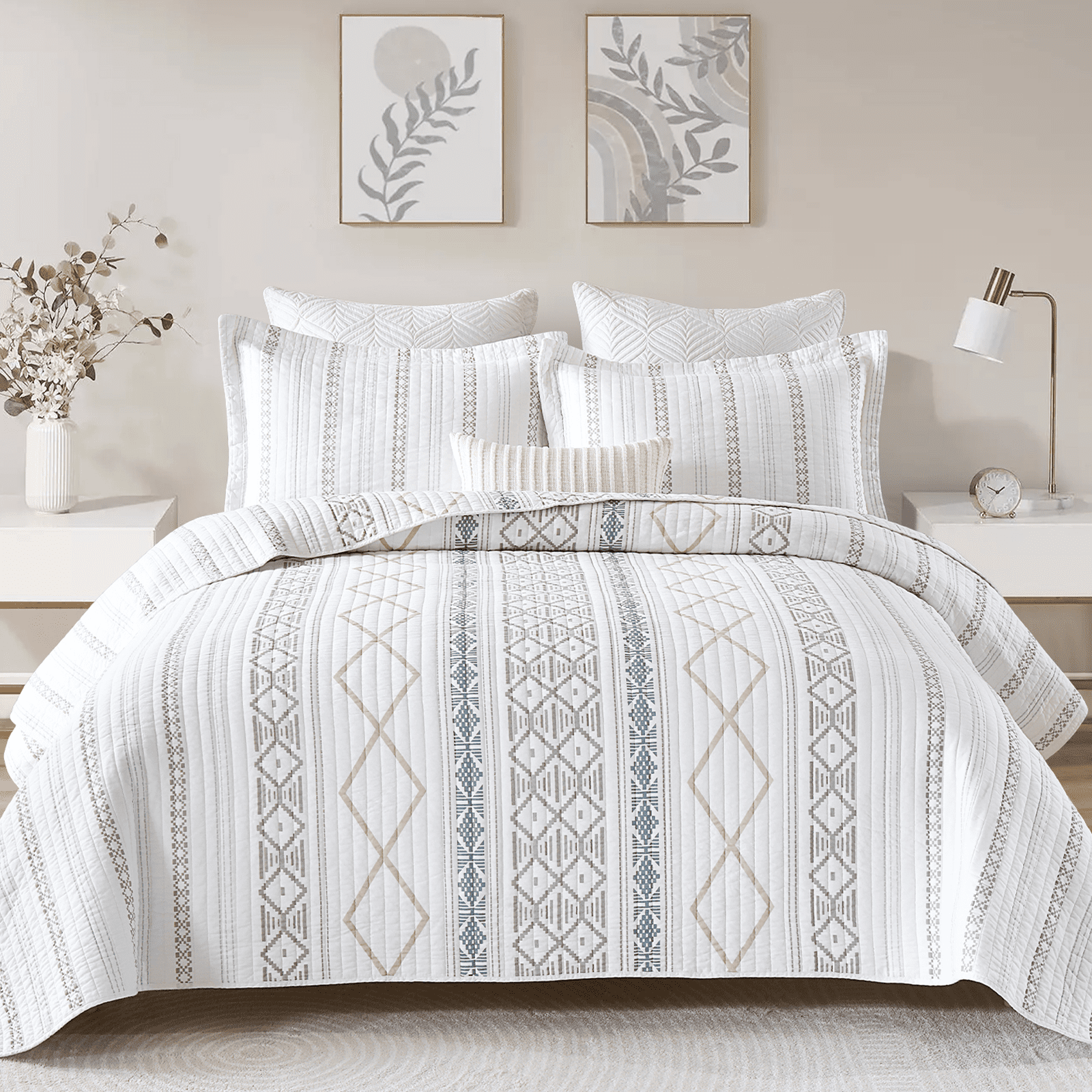 SahSahCasa Boho Quilts Queen Size, 100% Cotton Queen Comforter Set for Bed, Bohemian Geometric Striped Quilted Bedspread, White Quilt Bedding Set All Season, 3 Pieces