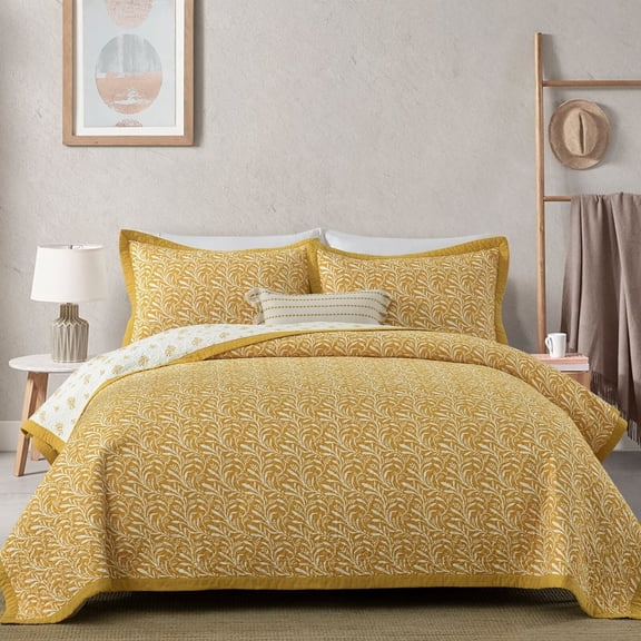SahSahCasa Botanical King Size Quilt, 100% Cotton King Comforter Set for Bed, Reversible Lightweight Quilted Bedspread, Floral Quilt Bedding Set All Season, Gold/White, 3 Pieces