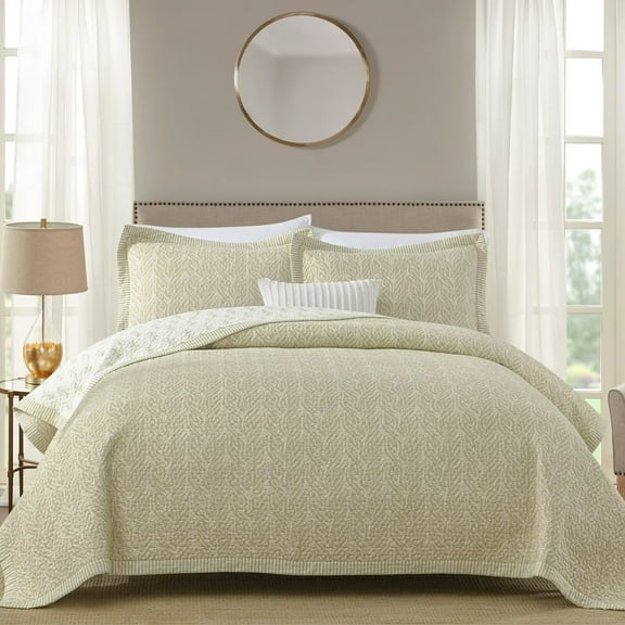 SahSahCasa Botanical Quilts Queen Size, 100% Cotton Queen Comforter Set for Bed, Reversible Lightweight Quilted Bedspread, Floral Quilt Bedding Set All Season, Oatmeal/White, 3 Pieces