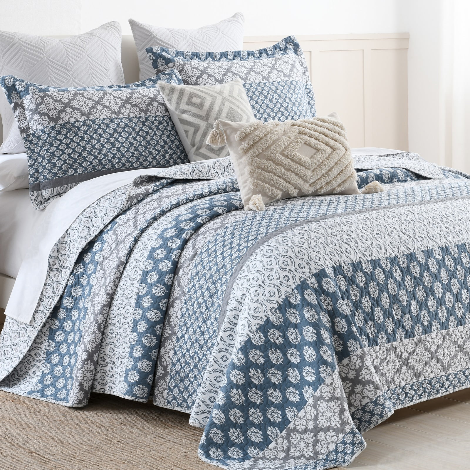 King Size Blue Gray Cotton Reversible Quilt Set