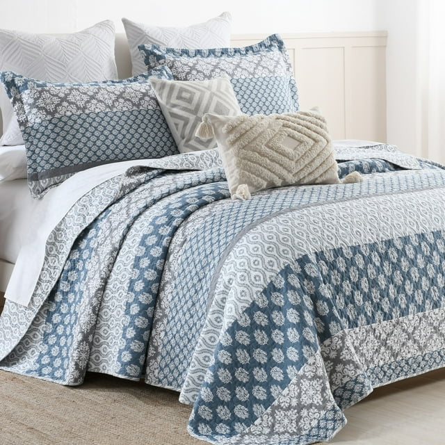 SahSahCasa King Size Quilt Set 100 Cotton, Lightweight, Reversible, Blue Grey, All Season, 3