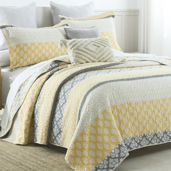 SahSahCasa King Size Quilt Set - 100% Cotton Farmhouse Floral King Quilt Set, Lightweight Quilted Bedspread Reversible Comforter, Yellow Grey Quilt Bedding Set All Season, 3 Pieces