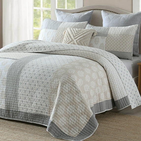 SahSahCasa King Size Quilt Set - 100% Cotton Lightweight King Quilt, Patchwork Farmhouse Floral King Quilted Bedspread, Moonbeam Grey White Reversible King Quilt Bedding Set All Season, 3 Pieces