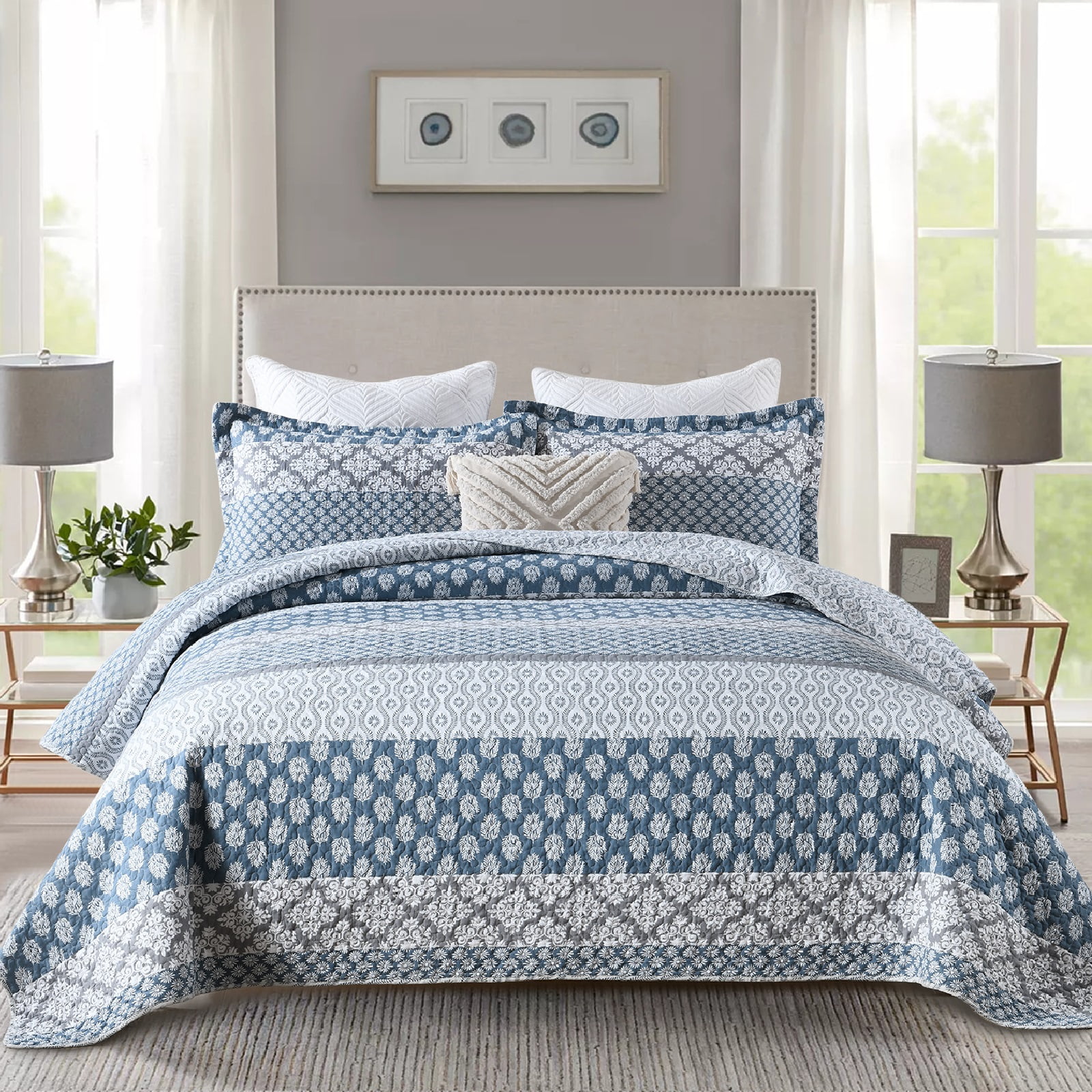 SahSahCasa Queen Size Quilt Set 100 Cotton Farmhouse Floral Queen