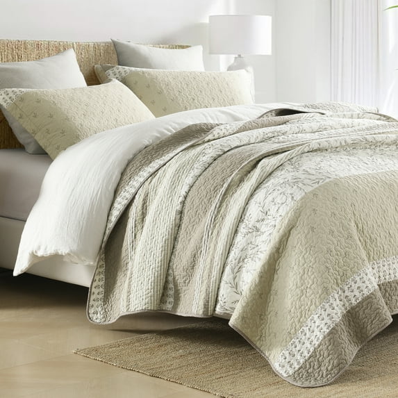 SahSahCasa Quilt Set King Size - 100% Cotton Botanical Farmhouse Quilt King Size, Lightweight Striped Quilted Bedspread, Beige Khaki King Quilt Bedding Set All Season, 3 Pieces