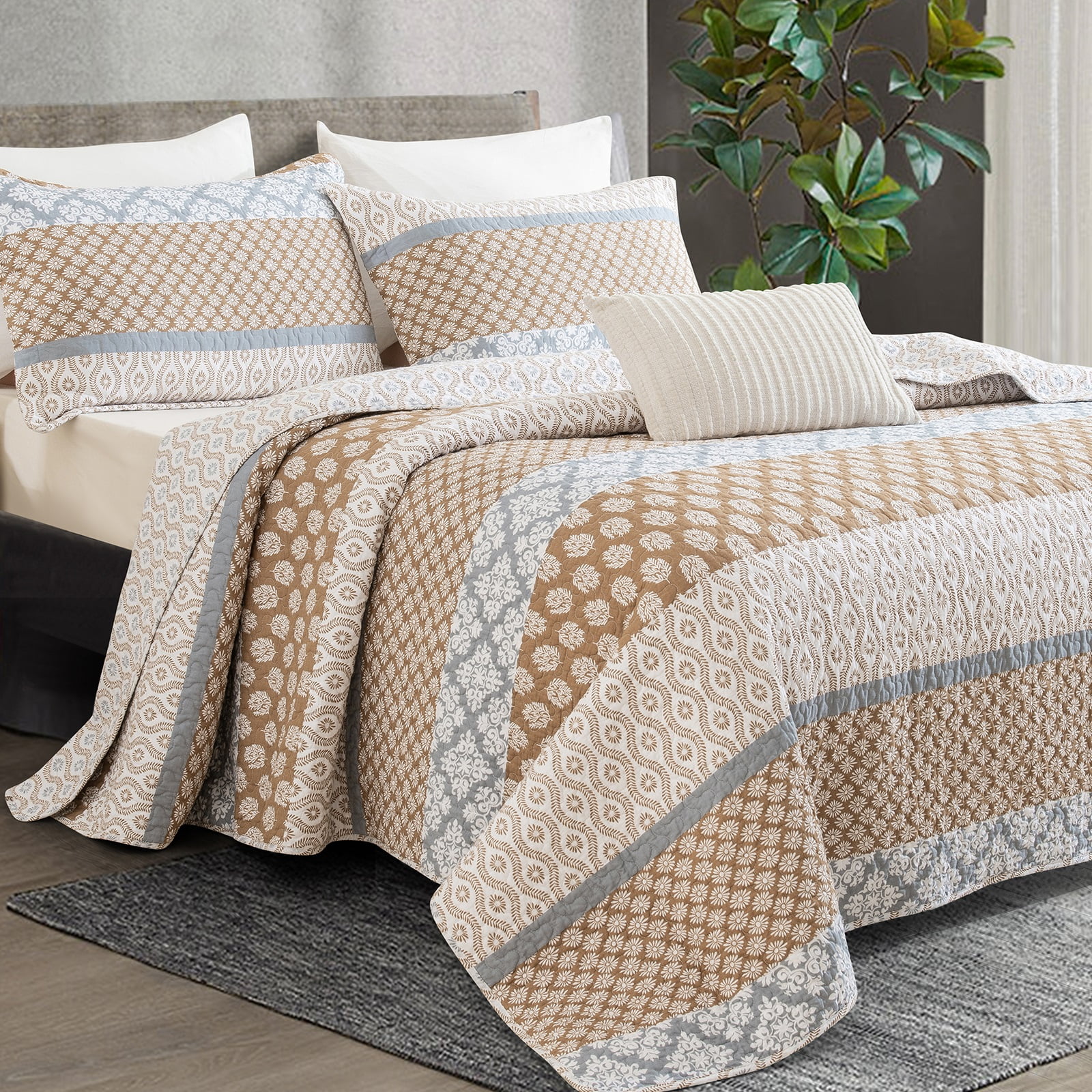 SahSahCasa Quilt Set Queen Size 100 Cotton Farmhouse Floral Queen Quilt Set, Lightweight