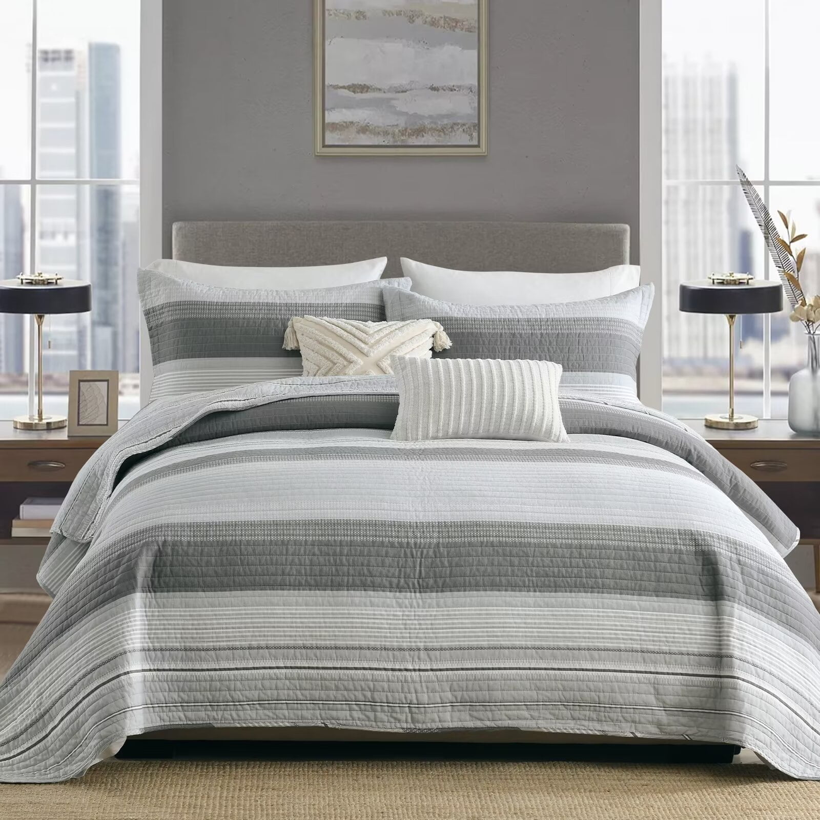 SahSahCasa Striped Quilts Queen Size, 100% Cotton Queen Comforter Set ...