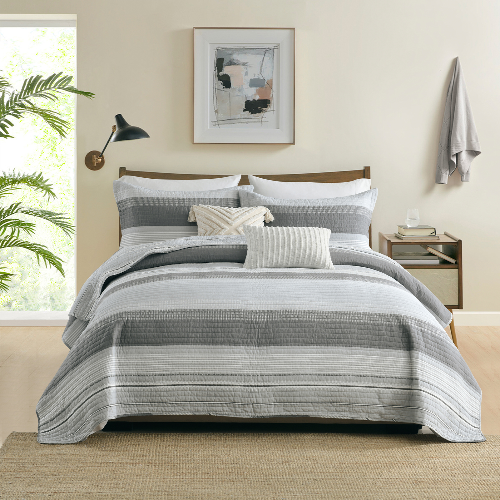 SahSahCasa Striped Quilts Queen Size, 100 Cotton Queen Comforter Set