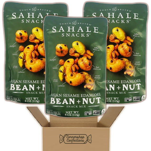 Sahale Asian Sesame Edamame Bean and Nut Snack Mix 3 Bag Bundle Pack - Edamame, Lentils, Cashews, Chickpeas, Puffed Brown Rice Snack Mix - 3 4oz Bags in Cornershop Confections Pack