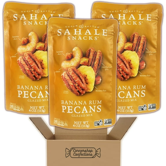 Sahale Banana Rum Pecans Glazed Mix 3 Bag Bundle Pack - Cashews, Pecans, and Banana Coated With Vanilla-Rum Glaze and Sweetness - 3 4oz Bags in Cornershop Confections Pack
