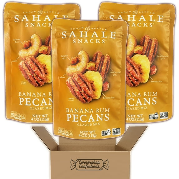 Sahale Banana Rum Pecans Glazed Mix 3 Bag Bundle Pack - Cashews, Pecans, and Banana Coated With Vanilla-Rum Glaze and Sweetness - 3 4oz Bags in Cornershop Confections Pack