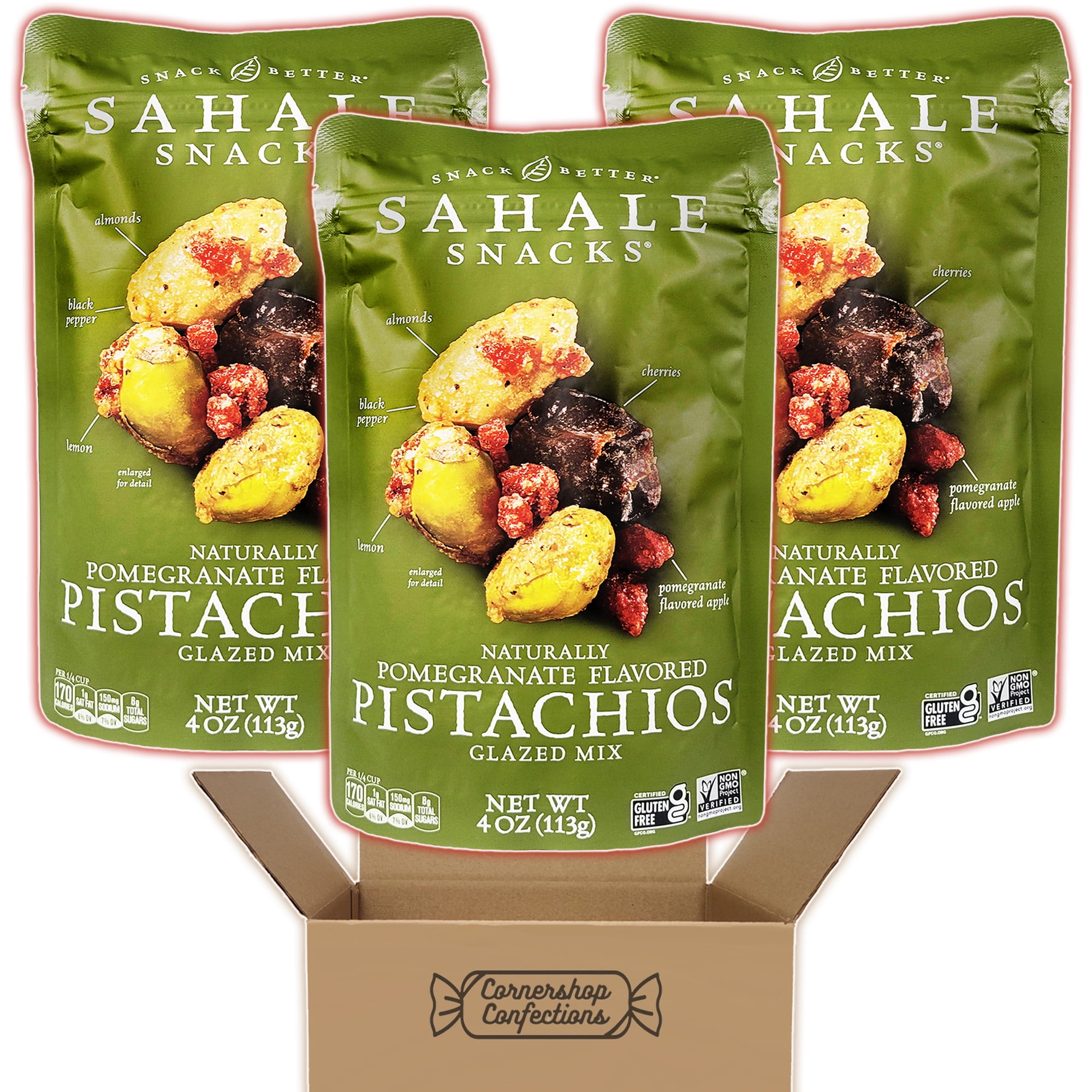Sahale Pomegranate Pistachios Glazed Mix 3 Bag Bundle - Pistachio, Almond, Apple Coated With Pomegranate, Black Pepper, Lemon, and Sweetness - 3 4oz Resealable Bags in Cornershop Confections Pack