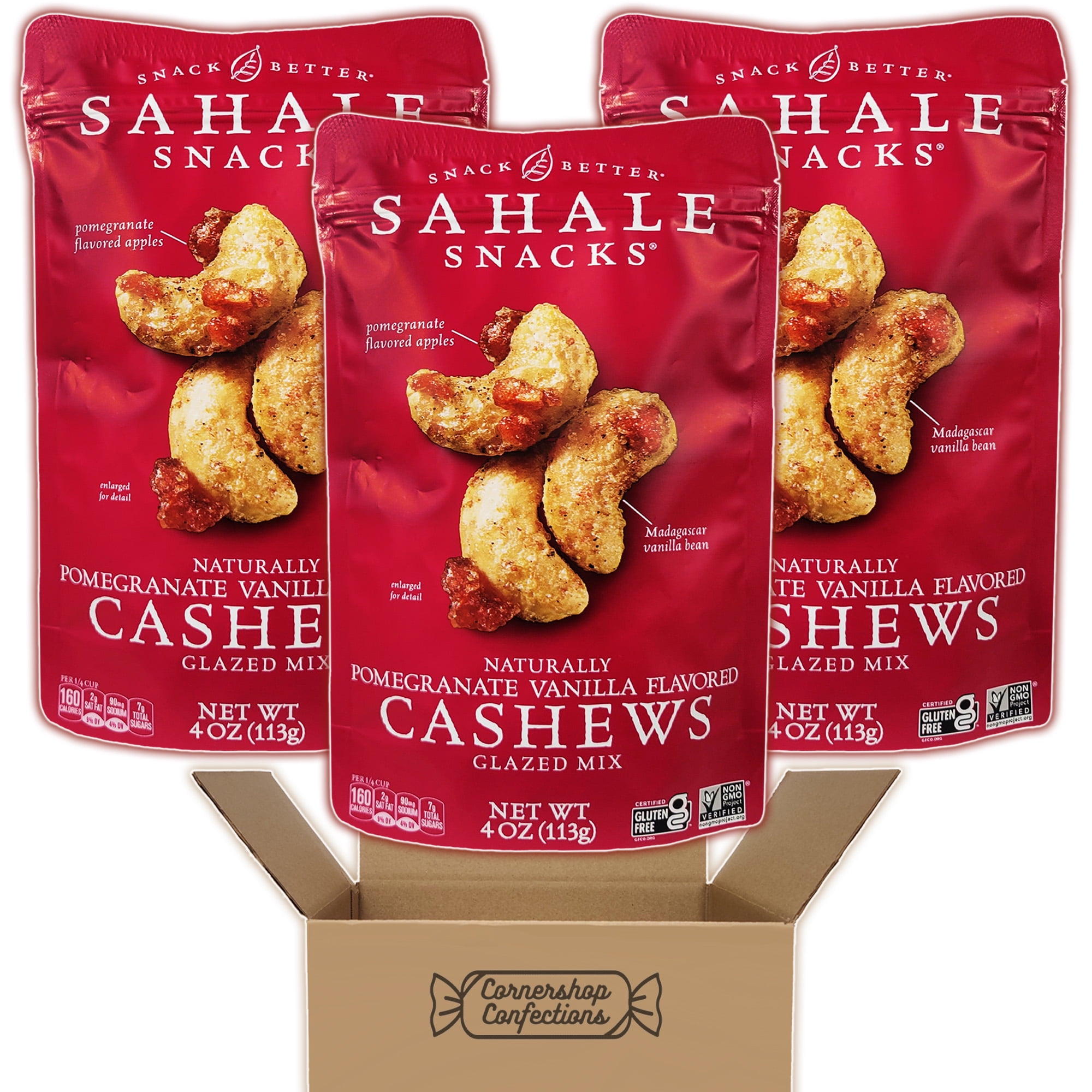 Sahale Pomegranate Vanilla Cashews Glazed Mix 3 Bag Bundle Pack - Cashews and Pomegranate Apples Coated With Madagascar Vanilla and Sweetness - 3 4oz Resealable Bags in Cornershop Confections Pack