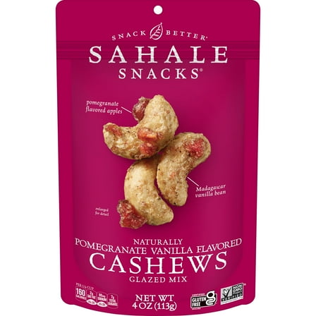 Sahale Snacks Glazed Mix of Naturally Pomegranate Vanilla Flavored Cashews, 4oz Pouch – Sweet & Savory Nut Blend, Gluten-Free, Non-GMO