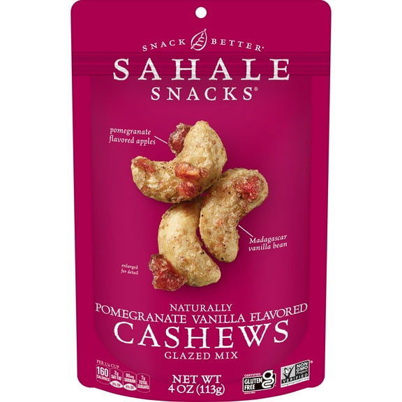 Sahale Snacks Glazed Mix of Naturally Pomegranate Vanilla Flavored Cashews, 4oz Pouch – Sweet & Savory Nut Blend, Gluten-Free, Non-GMO
