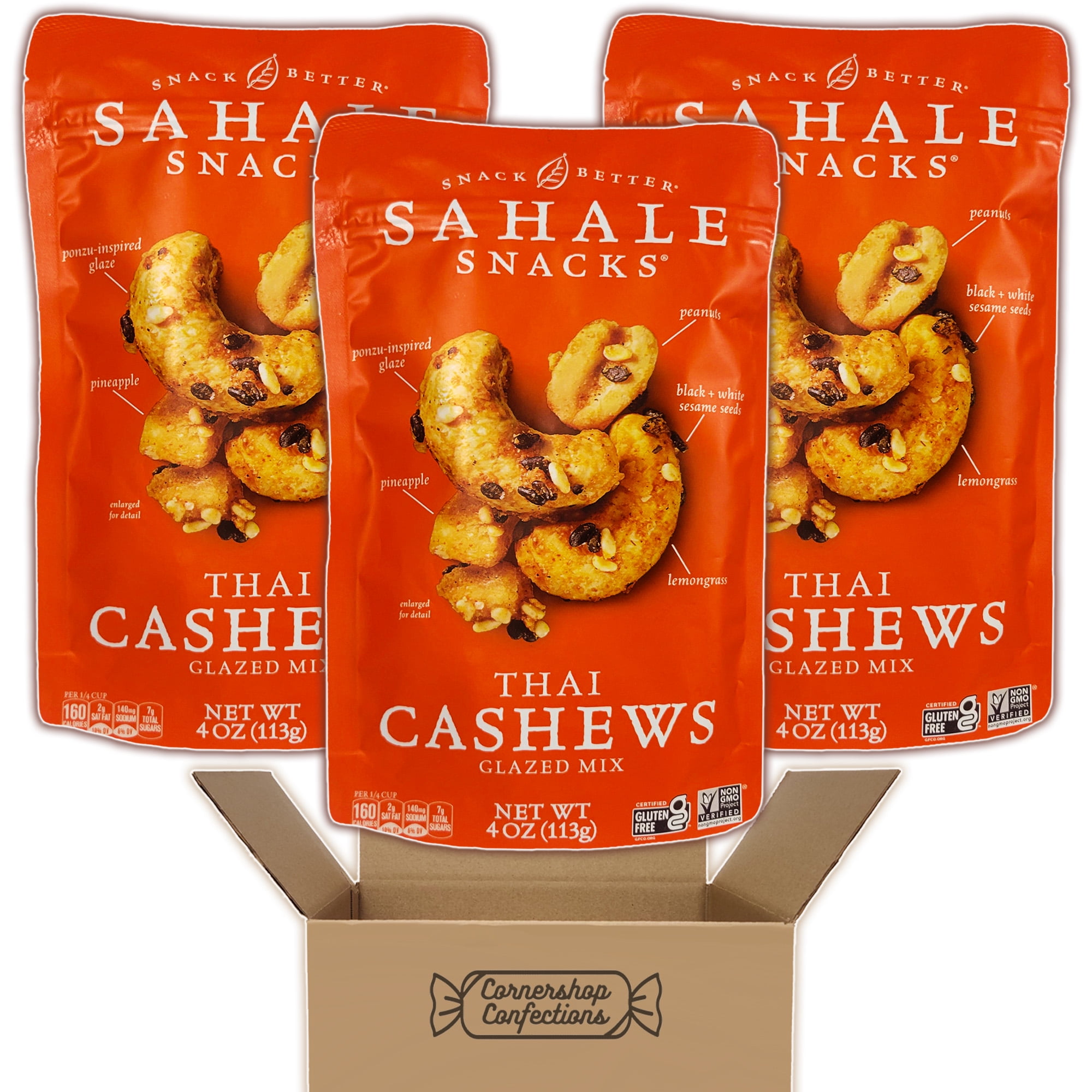 Sahale Thai Cashews Glazed Mix 3 Bag Bundle Pack - Cashews, Peanuts, Sesame Seeds, Pineapple Coated With Ponzu-Inspired Glaze, Lemongrass, and Sweetness - 3 4oz Bags in Cornershop Confections Pack
