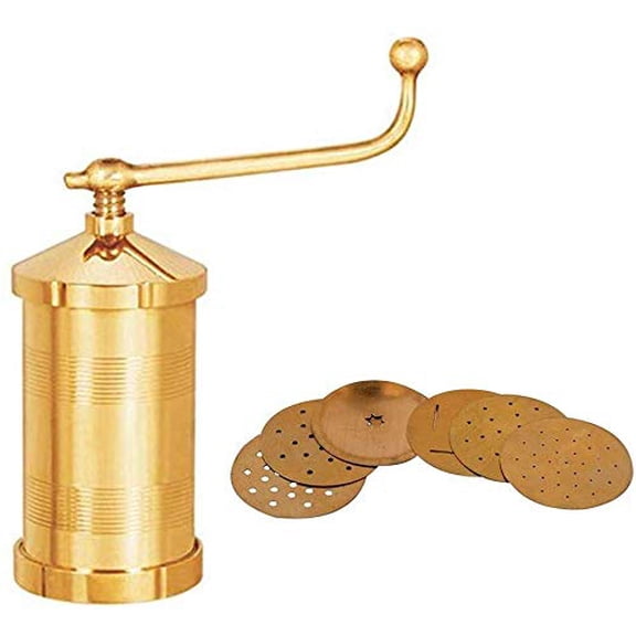 Sahishnu Online & Marketing Brass Sev Sancha Maker, Murkul Maker, Manual Pasta Maker,Shev Maker, Gathiya Murukulu Janthikulu Maker Machine with 6 Different Jali - Brass