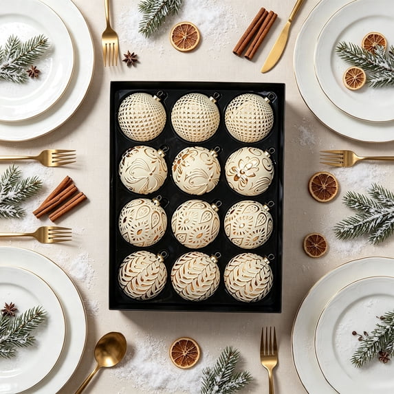 Sahpxhe 12Pcs Vintage Scratch Christmas Ball Ornaments with Storage Box,3.14in Embossed Gold Patterns Xmas Tree Decoration with Hanging Ring for Holiday Gift Beige
