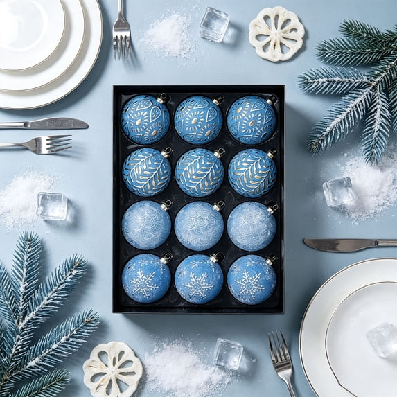 Sahpxhe 12Pcs Vintage Scratch Christmas Ball Ornaments with Storage Box,3.14in Embossed Gold Patterns Xmas Tree Decoration with Hanging Ring for Holiday Gift Blue