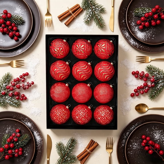 Sahpxhe 12Pcs Vintage Scratch Christmas Ball Ornaments with Storage Box,3.14in Embossed Gold Patterns Xmas Tree Decoration with Hanging Ring for Holiday Gift Red