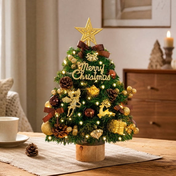 Sahpxhe 17.72in Pre-Decorated Christmas Tree,Small Tabletop Xmas Ornament with Baubles,Pinecones and Star Topper for Desk Home Fireplace Holiday Gift Multicolor-A