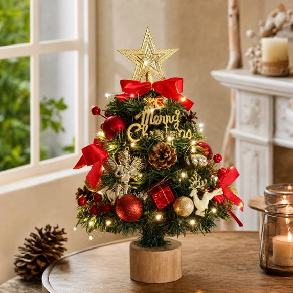 Sahpxhe 17.72in Pre-Decorated Christmas Tree,Small Tabletop Xmas Ornament with Baubles,Pinecones and Star Topper for Desk Home Fireplace Holiday Gift Multicolor-B