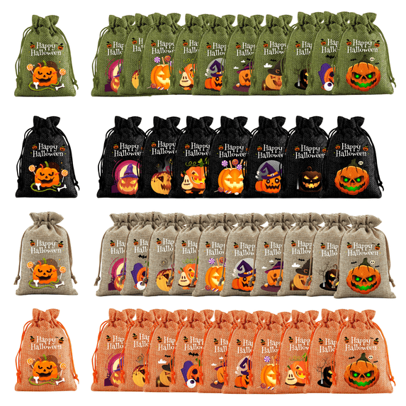 Sahpxhe 1Pc Halloween Burlap Treat Bags Drawstring Candy Pouch with Pumpkin Pattern,Reusable Gift Bags for Trick-Or-Treat and Storage Party Favors,3.93x5.51in Black-I
