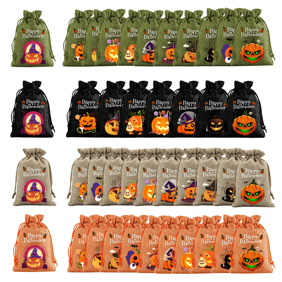 Sahpxhe 1Pc Halloween Burlap Treat Bags Drawstring Candy Pouch with Pumpkin Pattern,Reusable Gift Bags for Trick-Or-Treat and Storage Party Favors,3.93x5.51in Orange-A