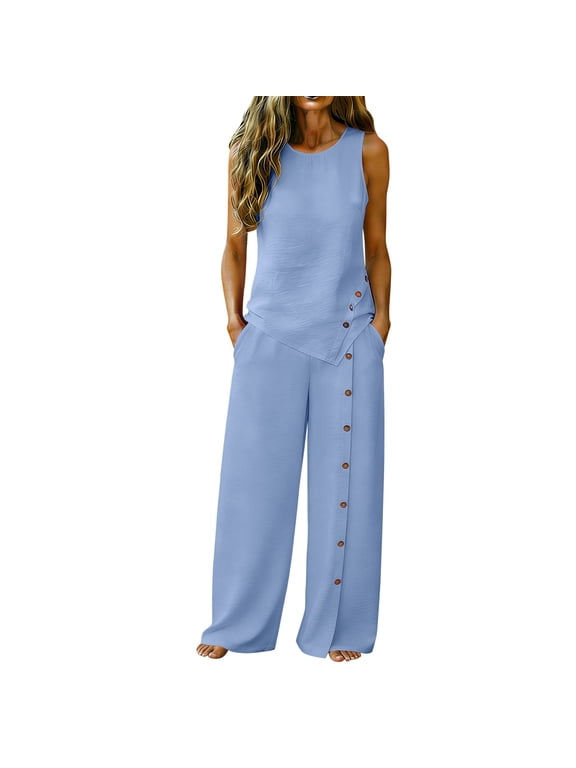 2 Piece Cotton Linen Lounge Sets for Women Sleeveless Top Wide Leg Side Button Pants Casual Summer Matching Sets Light Blue L