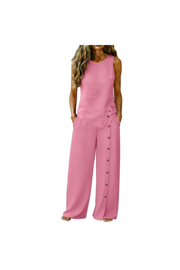 2 Piece Cotton Linen Lounge Sets for Women Sleeveless Top Wide Leg Side Button Pants Casual Summer Matching Sets Pink S