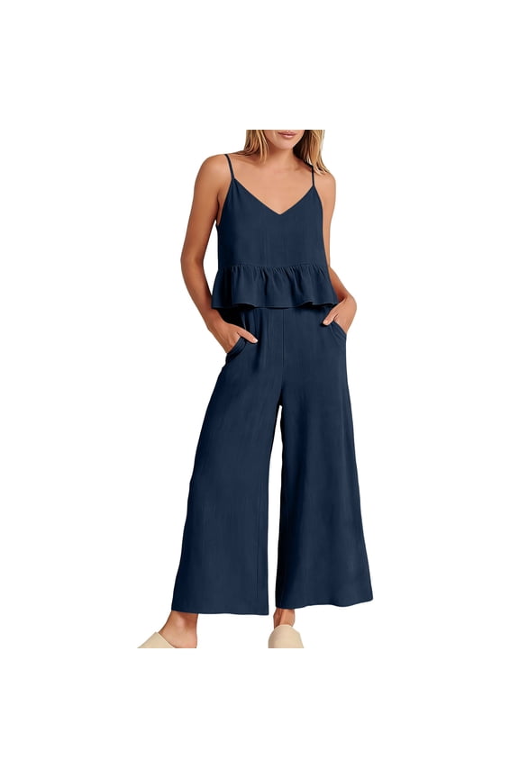 2 Piece Sets for Wome Cotton Linen V Neck Crop Peplum Cami Top Loose Wide Leg Pants Summer Travel Matching Sets Navy S
