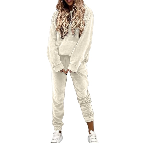 Sahpxhe 2 Piece Sets for Women Velvet Hooded Long Sleeve Pullover Jogger Pants Casual Athleisure Tracksuit Sport Travel Outfit Khaki M