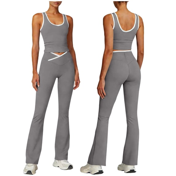 Sahpxhe 2 Piece Workout Sets for Women Scoop Neck Crop Tank Top High Waisted Flare Leggings for Yoga Gym Gray XXL