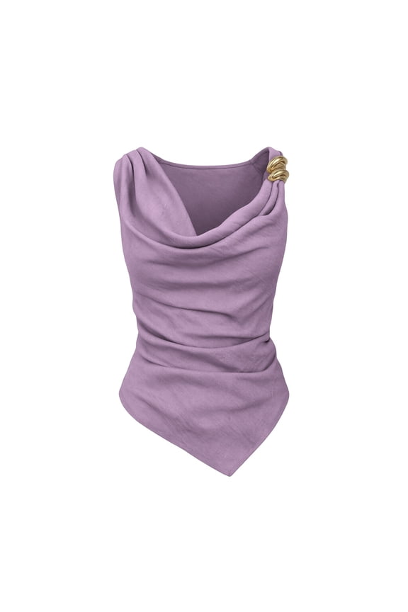 Asymmetrical Draped Cowl Neck Tank Tops for Women Sleeveless Trendy Top with Metal Accent for Going Out Brunch Purple M